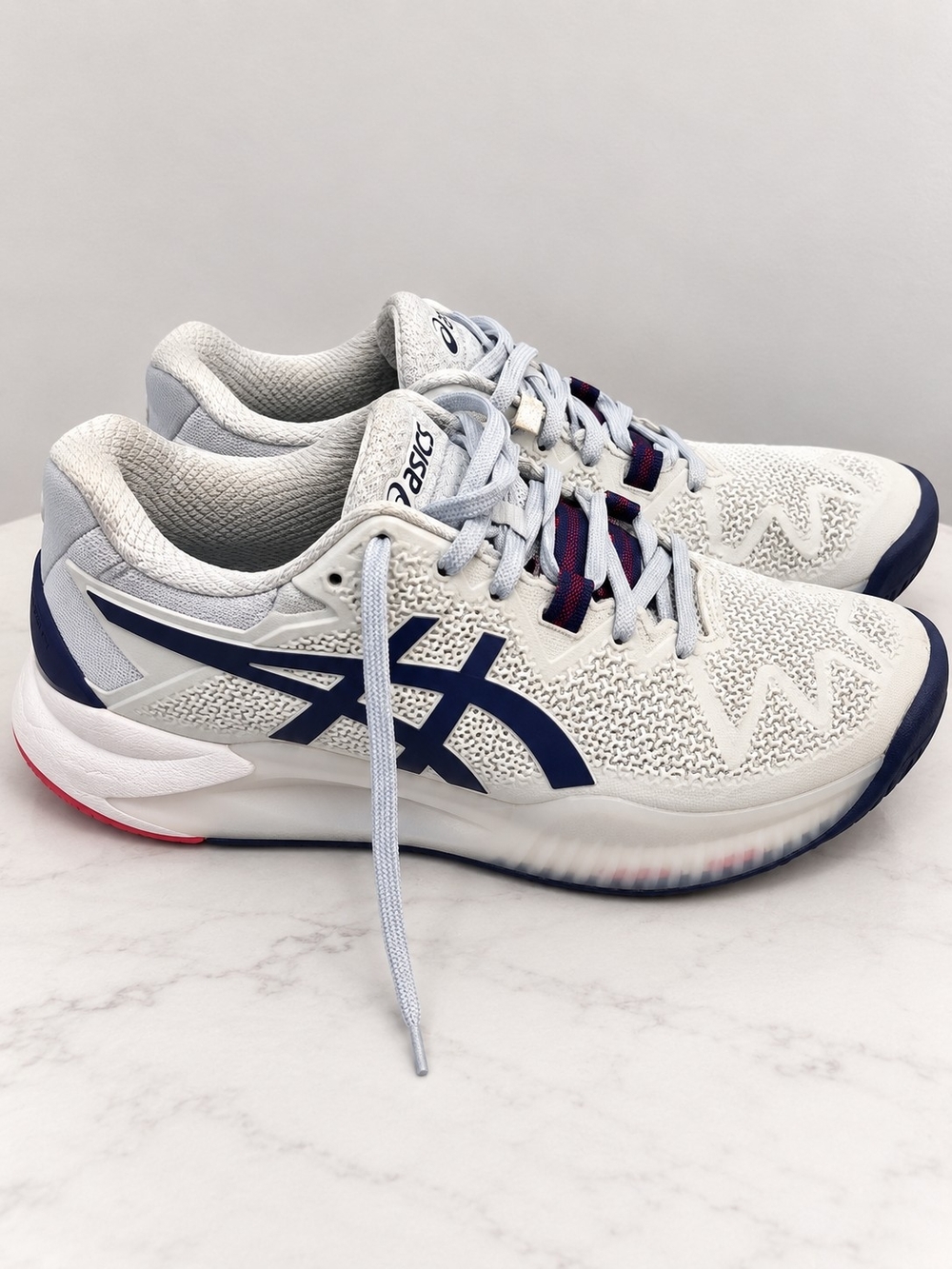 ASICS Women's White Athletic Shoes with Navy and Red Details